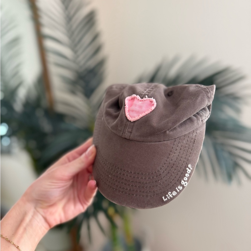 Life Is Good Brown Hat with Pink Heart Patch